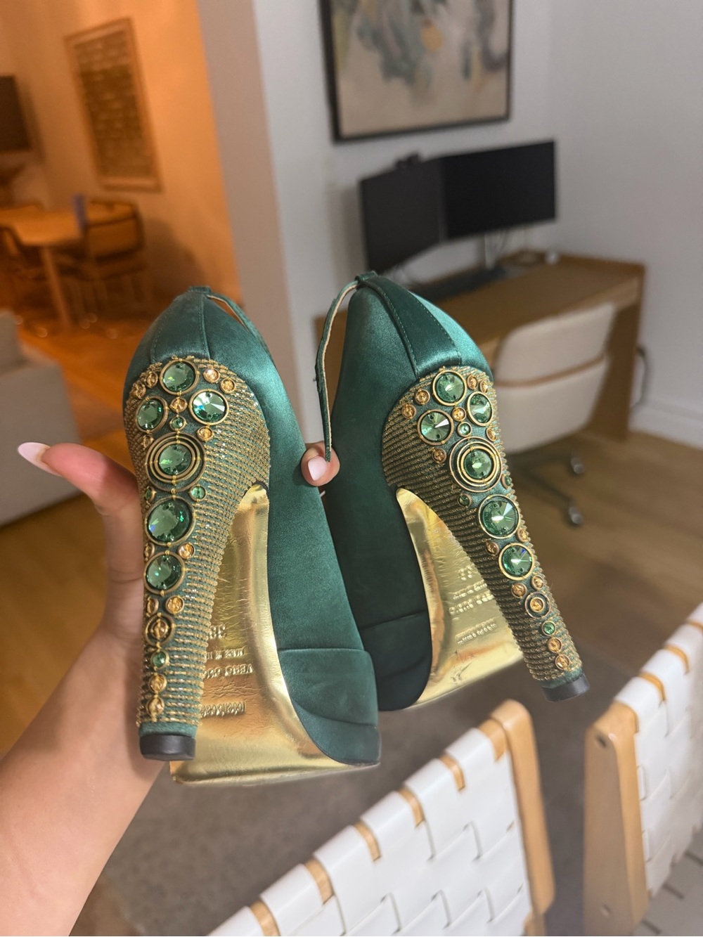Roberto Cavalli Emerald Green Satin Jewel-Embellished High Heels